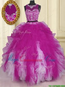 Scoop Fuchsia Tulle Zipper Quinceanera Dress Sleeveless Floor Length Beading and Ruffles