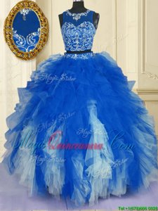 Free and Easy Blue And White Zipper Scoop Beading and Ruffles Ball Gown Prom Dress Tulle Sleeveless