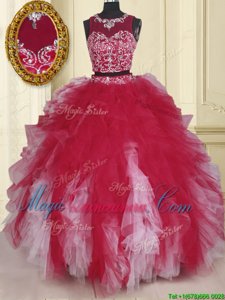 Cute White And Red Scoop Zipper Beading and Ruffles 15th Birthday Dress Sleeveless