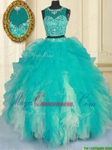 Turquoise Two Pieces Tulle Scoop Sleeveless Beading and Ruffles Floor Length Zipper Sweet 16 Dresses