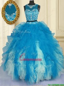High Quality Scoop Blue And White Zipper Sweet 16 Quinceanera Dress Beading and Ruffles Sleeveless Floor Length