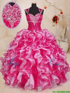 White And Red Sweet 16 Quinceanera Dress Military Ball and Sweet 16 and Quinceanera and For with Beading and Ruffles Sweetheart Sleeveless Lace Up