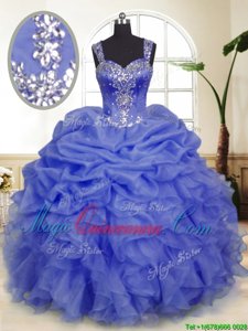Customized Organza Straps Sleeveless Zipper Beading and Ruffles and Pick Ups Vestidos de Quinceanera in Purple