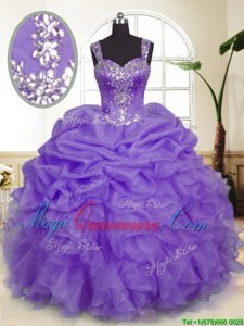 Lavender Ball Gowns Organza Straps Sleeveless Beading and Ruffles and Pick Ups Floor Length Zipper Quinceanera Dresses