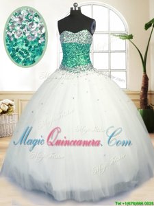 White Sleeveless Beading Floor Length Quince Ball Gowns