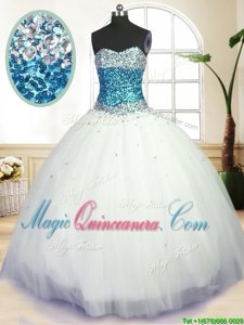 White Sleeveless Floor Length Beading Lace Up Sweet 16 Dress