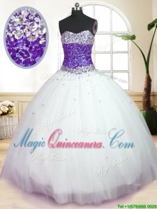White And Purple Tulle Lace Up Sweetheart Sleeveless Floor Length 15 Quinceanera Dress Beading