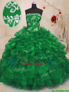 Green Sleeveless Beading and Appliques and Ruffles Floor Length Quinceanera Dresses