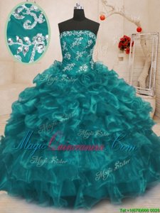 Strapless Sleeveless Vestidos de Quinceanera Floor Length Beading and Appliques and Ruffles Turquoise Organza