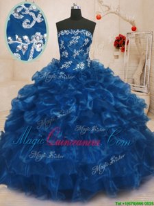 Clearance Floor Length Navy Blue Sweet 16 Quinceanera Dress Organza Sleeveless Beading and Appliques and Ruffles