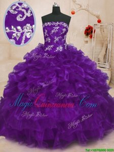 Ball Gowns 15 Quinceanera Dress Purple Strapless Organza Sleeveless Floor Length Lace Up