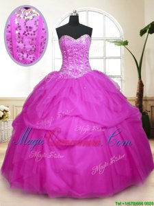 Elegant Fuchsia Tulle Lace Up Vestidos de Quinceanera Sleeveless Floor Length Sequins and Pick Ups