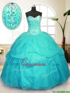 Aqua Blue Ball Gowns Sequins and Pick Ups Sweet 16 Dress Lace Up Tulle Sleeveless Floor Length