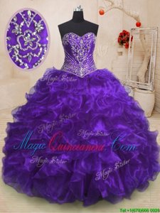 High Quality Sweetheart Sleeveless Sweep Train Lace Up 15th Birthday Dress Purple Organza