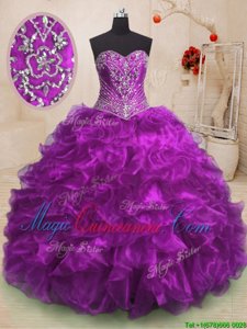 Organza Sweetheart Sleeveless Sweep Train Lace Up Beading and Ruffles Quinceanera Gowns in Purple