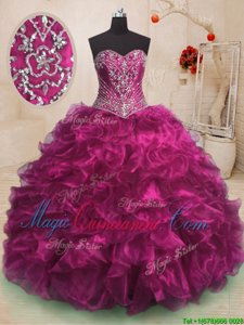 Designer Fuchsia Sleeveless With Train Beading and Ruffles Lace Up Quinceanera Gown