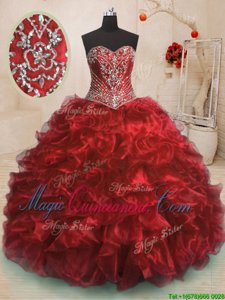 Exceptional Wine Red Lace Up Quinceanera Gowns Beading and Ruffles Sleeveless With Train Sweep Train