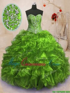 Sweet Beading and Ruffles Quinceanera Gowns Yellow Green Lace Up Sleeveless With Train Sweep Train