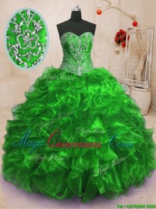 Enchanting Lace Up Sweetheart Beading and Ruffles Sweet 16 Dresses Organza Sleeveless Sweep Train