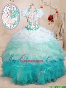 Multi-color Sleeveless With Train Beading and Appliques and Ruffles Lace Up Quinceanera Dress