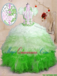 Elegant Sleeveless Brush Train Beading and Appliques and Ruffles Lace Up Quinceanera Gowns