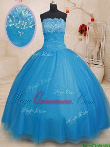 Floor Length Baby Blue 15th Birthday Dress Strapless Sleeveless Lace Up