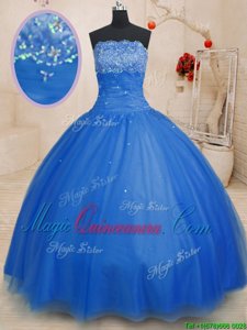 Nice Blue Lace Up 15 Quinceanera Dress Beading Sleeveless Floor Length