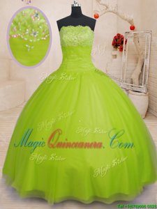 Ball Gowns Quinceanera Dresses Yellow Green Strapless Tulle Sleeveless Floor Length Lace Up