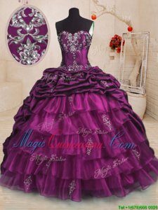 Stylish Purple Sleeveless With Train Beading and Appliques and Ruffles and Pick Ups Lace Up 15 Quinceanera Dress