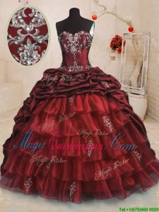 Best Selling Sleeveless With Train Beading and Appliques and Ruffled Layers and Pick Ups Lace Up Quince Ball Gowns with Wine Red Sweep Train