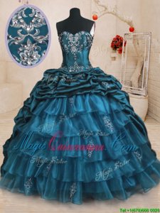 Teal Ball Gowns Beading and Appliques and Ruffled Layers and Pick Ups 15th Birthday Dress Lace Up Organza and Taffeta Sleeveless With Train