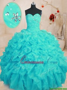 Aqua Blue Lace Up Ball Gown Prom Dress Beading and Ruffles Sleeveless Floor Length