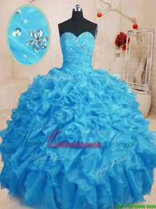 Pretty Sleeveless Floor Length Beading and Ruffles Lace Up Quinceanera Gowns with Baby Blue