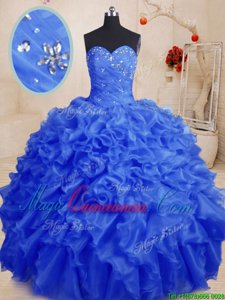 Low Price Organza Sweetheart Sleeveless Lace Up Beading and Ruffles Quince Ball Gowns in Royal Blue