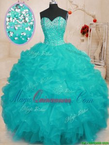 Pretty Aqua Blue Sweetheart Lace Up Beading and Ruffles Quinceanera Dresses Sleeveless