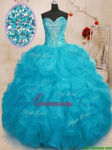 Aqua Blue Lace Up Sweetheart Beading Sweet 16 Quinceanera Dress Organza Sleeveless