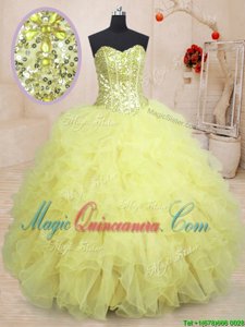 Enchanting Sweetheart Sleeveless Quince Ball Gowns Floor Length Beading and Ruffles Light Yellow Organza