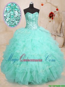 On Sale Sleeveless Floor Length Beading and Ruffles Lace Up Quinceanera Dress with Apple Green