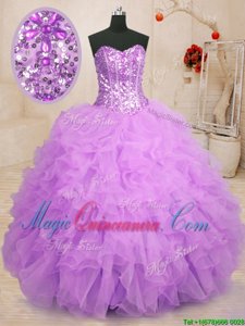 Latest Sleeveless Floor Length Beading and Ruffles Lace Up Quinceanera Dresses with Purple