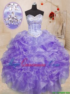 Floor Length Lavender Quinceanera Dress Organza Sleeveless Beading and Ruffles