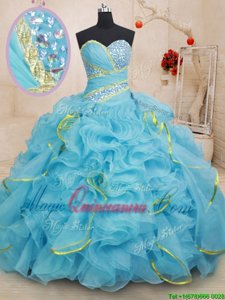 Top Selling Sleeveless Organza With Brush Train Lace Up Sweet 16 Quinceanera Dress in Baby Blue for with Beading and Ruffles