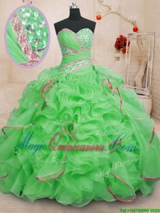 Amazing Sleeveless Organza With Brush Train Lace Up Quince Ball Gowns in for with Beading and Ruffles