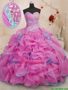 Rose Pink Lace Up Quinceanera Dress Beading and Ruffles Sleeveless With Brush Train