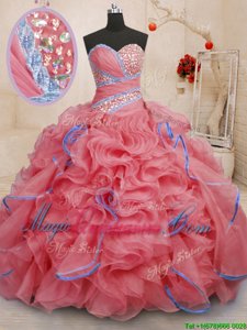Beading and Ruffles Vestidos de Quinceanera Coral Red Lace Up Sleeveless With Brush Train