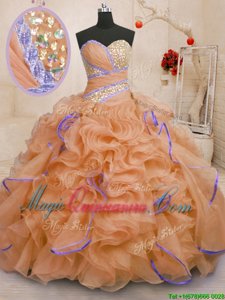 Beauteous Sleeveless Organza With Brush Train Lace Up Sweet 16 Dress in Orange for with Beading and Ruffles