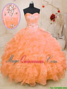 Exceptional Ball Gowns Quince Ball Gowns Orange Sweetheart Organza Sleeveless Floor Length Lace Up