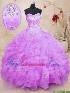 Sweetheart Sleeveless 15 Quinceanera Dress Floor Length Beading and Ruffles Lilac Organza