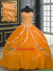 Sleeveless Brush Train Lace Up With Train Beading and Appliques Ball Gown Prom Dress