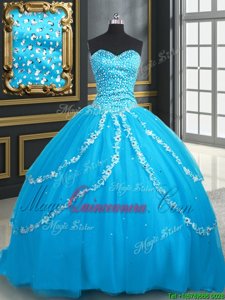 Brush Train Ball Gowns Sweet 16 Dress Baby Blue Sweetheart Tulle Sleeveless With Train Lace Up