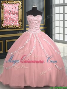 Hot Selling Sweetheart Sleeveless Sweet 16 Dress With Brush Train Beading and Appliques Pink Tulle